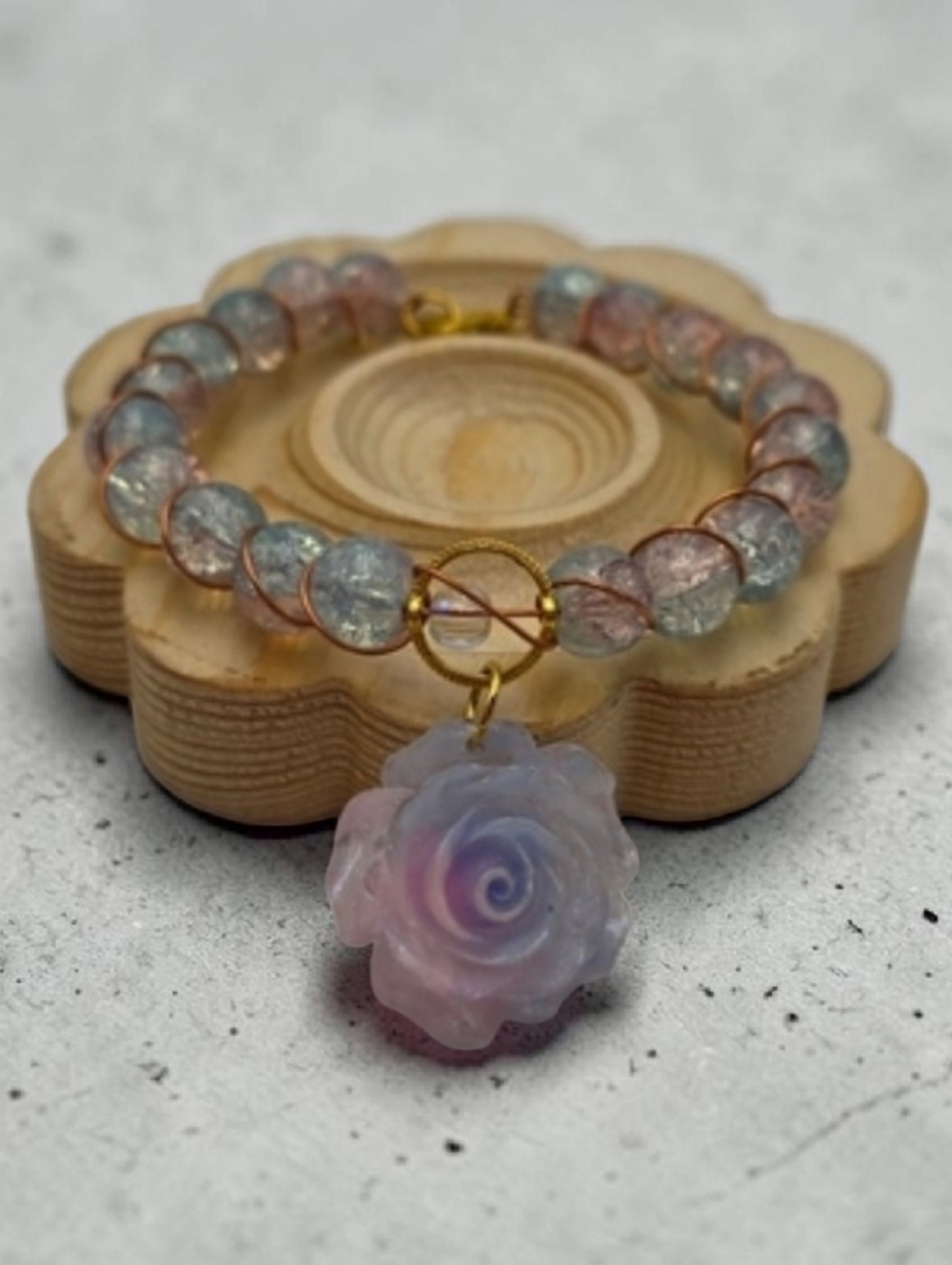 Handmade Wire-Wrapped Blue & Pink Beaded Flower Charm Bracelet